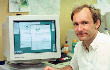 Tim Berners-Lee with the NeXT computer that he used to invent the World Wide Web.