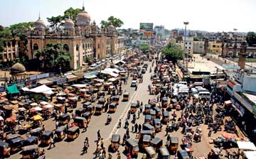 The view from the second floor of Charminar shows a busy commercial street